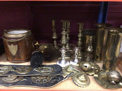 Lot 663 - Mixed lot of brass ware, carving set, wooden cased clock and other time pieces