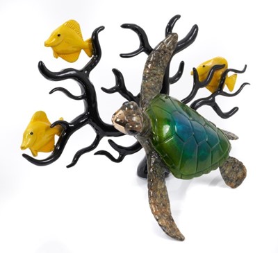 Lot 837 - Chris Barela enamelled bronze sculpture of a turtle and fishes