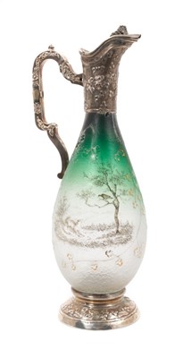 Lot 841 - Rare late 19th/early 20th century French etched glass claret jug by Daum, Nancy, with silver mounts and reserve showing the fox and raven from Aesop's fables