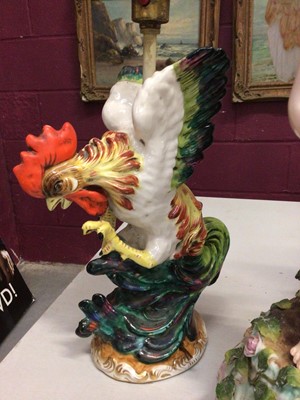 Lot 307 - 19th century Dresden Cupid table lamp, Continental figure lamp and a cockerel lamp (3)