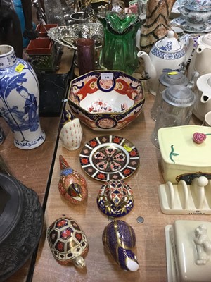 Lot 444 - Four Royal Crown Derby Imari animal figures, another similar, a Royal Crown Derby plate, Masons Imari bowl and two art glass vases.