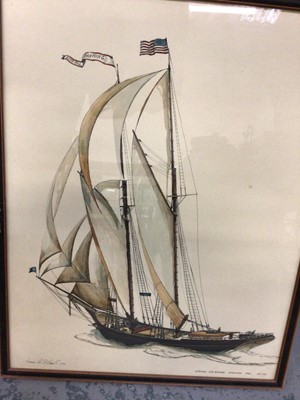 Lot 35 - Limited Edition print 19/500, "General Banning" sailing ship, by James A Mitchell, Limited Edition print 63/850, "The Rose" pencil signed by Gordon King, three Parisian prints, swans and others, al...