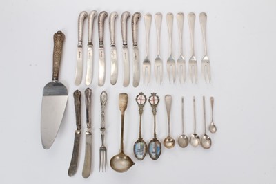 Lot 251 - Selection of miscellaneous silver cutlery including six pastry forks, six silver tea knives, Irish silver ladle and other items (various dates and makers), approximately 11ozs weighable silver, (qt...