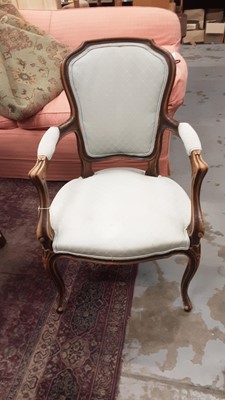 Lot 1110 - French style open elbow chair with pale green upholstery on cabriole legs