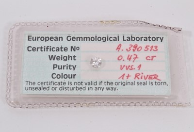 Lot 536 - Unmounted round brilliant cut diamond, 0.47cts, accompanied by a Diamond Certificate issued by The European Gemmological Laboratory