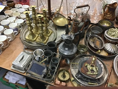 Lot 419 - Group of mixed metalware to include brass scales and candlesticks, silver plated oval tray and entreé dish and other items.