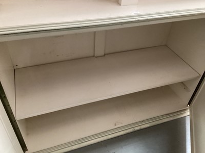 Lot 1132 - Georgian style white and green painted two height breakfront bookcase with adjustable shelves above, two central panelled doors below flanked by two caned doors, 252cm wide, 45.5cm deep, 223cm high