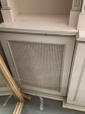 Lot 1132 - Georgian style white and green painted two height breakfront bookcase with adjustable shelves above, two central panelled doors below flanked by two caned doors, 252cm wide, 45.5cm deep, 223cm high