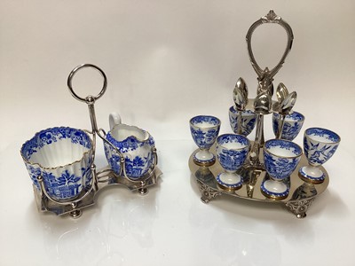 Lot 1131 - Copeland blue and white Willow pattern six-person egg cruet with spoons, and matching cream jug and sugar bowl on stand