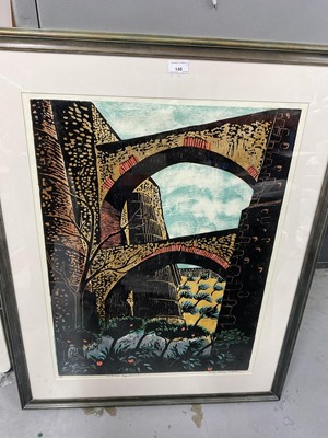 Lot 148 - Penny Berry Paterson (1941-2021) colour linocut, Elva's Aquaduct, signed and numbered 4/5, 78 x 55cm