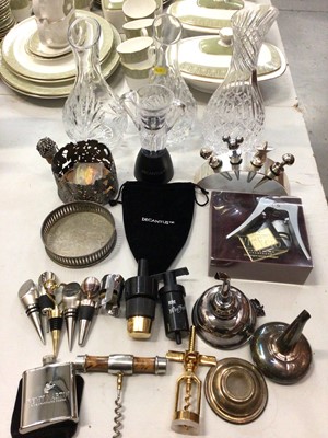 Lot 324 - Pair of cut glass carafes, one other Stuart crystal carafe, various wine stoppers, two plated wine funnels, Decantus wine aerator and other related items