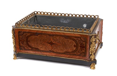 Lot 887 - 19th century satinwood marquetry and gilt metal mounted planter, with canted corners, pierced gallery and lead liner raised on paw feet