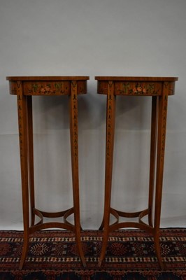 Lot 1435 - Good pair of Regency style polychrome painted satinwood side tables with oval top on slender square tapering legs and stretchers