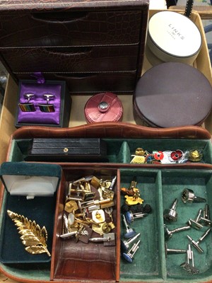 Lot 825 - Collection of various cufflinks and pins, two silver Links of London charms and various jewellery boxes/cases