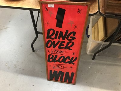 Lot 109 - Vintage fairground sign '1 ring over the block to win', 85 x 31.5cm