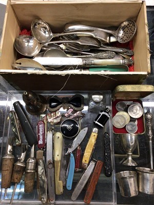 Lot 876 - Collection of penknives, plated cutlery, pair of French silver spirit measures, silver egg cup and other items