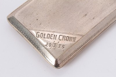 Lot 268 - 1930s silver cigarette case of narrow rectangular form, with engine turned decoration and engraved GOLDEN CROWN 20/3/35 and initials G.C. (London 1934) Padgett & Braham Ltd, all at approximately 3o...