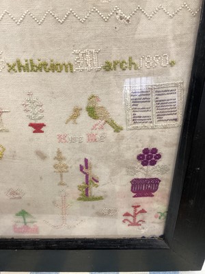 Lot 169 - Norfolk and Norwich interest: Victorian needlework sampler, inscribed 'Norwich Industrial Exhibition, March 1890', in glazed ebonised frame