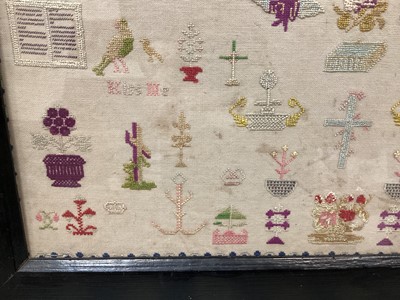 Lot 169 - Norfolk and Norwich interest: Victorian needlework sampler, inscribed 'Norwich Industrial Exhibition, March 1890', in glazed ebonised frame