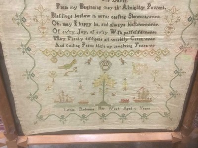 Lot 175 - Early 19th century needlework sampler, by Letitia Robinson, aged 13 years, in glazed pine frame, total size 76 x 66cm