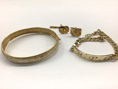 Lot 827 - Yellow metal (stamped 585) bangle with Greek key decoration, yellow metal (stamped 585) identity bracelet and pair 9ct gold cufflinks