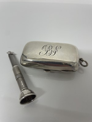 Lot 845 - Late Victorian silver cheroot case of rounded rectangular form, (Chester 1900), together with a silver cigar pricker with engine turned decoration (2)