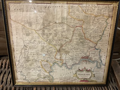 Lot 195 - Robert Morden, had coloured 18th century engraved map of Midlesex, glazed frame