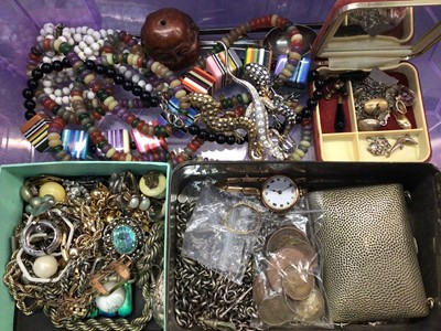 Lot 838 - Box of costume jewellery, watch chains, various wristwatches and bijouterie