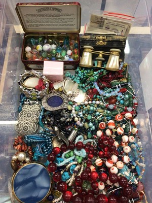 Lot 847 - Costume jewellery including various bead necklaces, earrings, two buckles, pair of mother of pearl opera glasses and collection of marbles