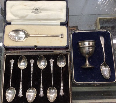 Lot 848 - Mappin & Webb silver spoon, set of six silver teaspoons, silver egg cup and spoon set, all in fitted cases