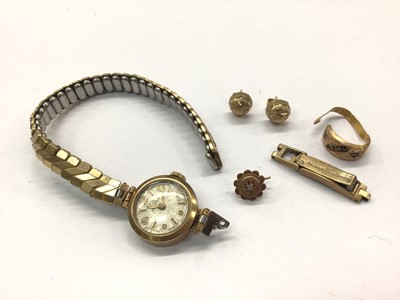 Lot 851 - 9ct gold cased watch on plated bracelet, 9ct gold watch strap clasp, pair 9ct gold earrings, 9ct gold stud and 15ct gold ring