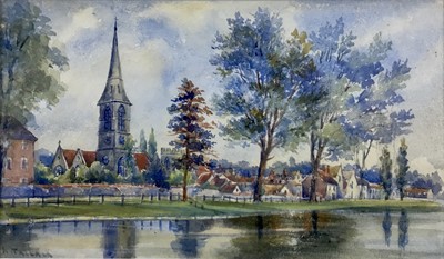 Lot 42 - Rosaline Tallack, late 19th century, watercolour - church beside a river, possibly a Norfolk view, signed, 14cm x 24cm, in glazed gilt frame