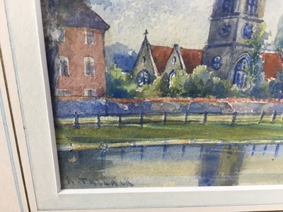 Lot 42 - Rosaline Tallack, late 19th century, watercolour - church beside a river, possibly a Norfolk view, signed, 14cm x 24cm, in glazed gilt frame