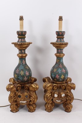 Lot 890 - Pair of gilt wood and polychrome painted lamps