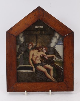 Lot 872 - 19th century reverse painted glass panel depicting the Ascension