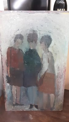 Lot 241 - 1960's oil on board study of three women, indistinctly signed, dated 64