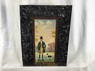 Lot 44 - Folk Art oil on panel depicting a hunting gentleman and his terrier, 37cm x 28cm, unframed
