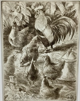Lot 48 - Peter Partington (b.1941) signed artist proof etching - Chickens, 28cm x 21cm, in glazed frame