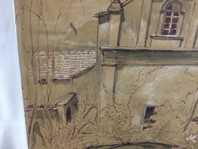 Lot 49 - Major Richard ‘Dick’ Heseltine M.C. (1914-2012) pen, ink and crayon drawing - Loire near Vitre, inscribed verso, 49cm x 40cm, unframed