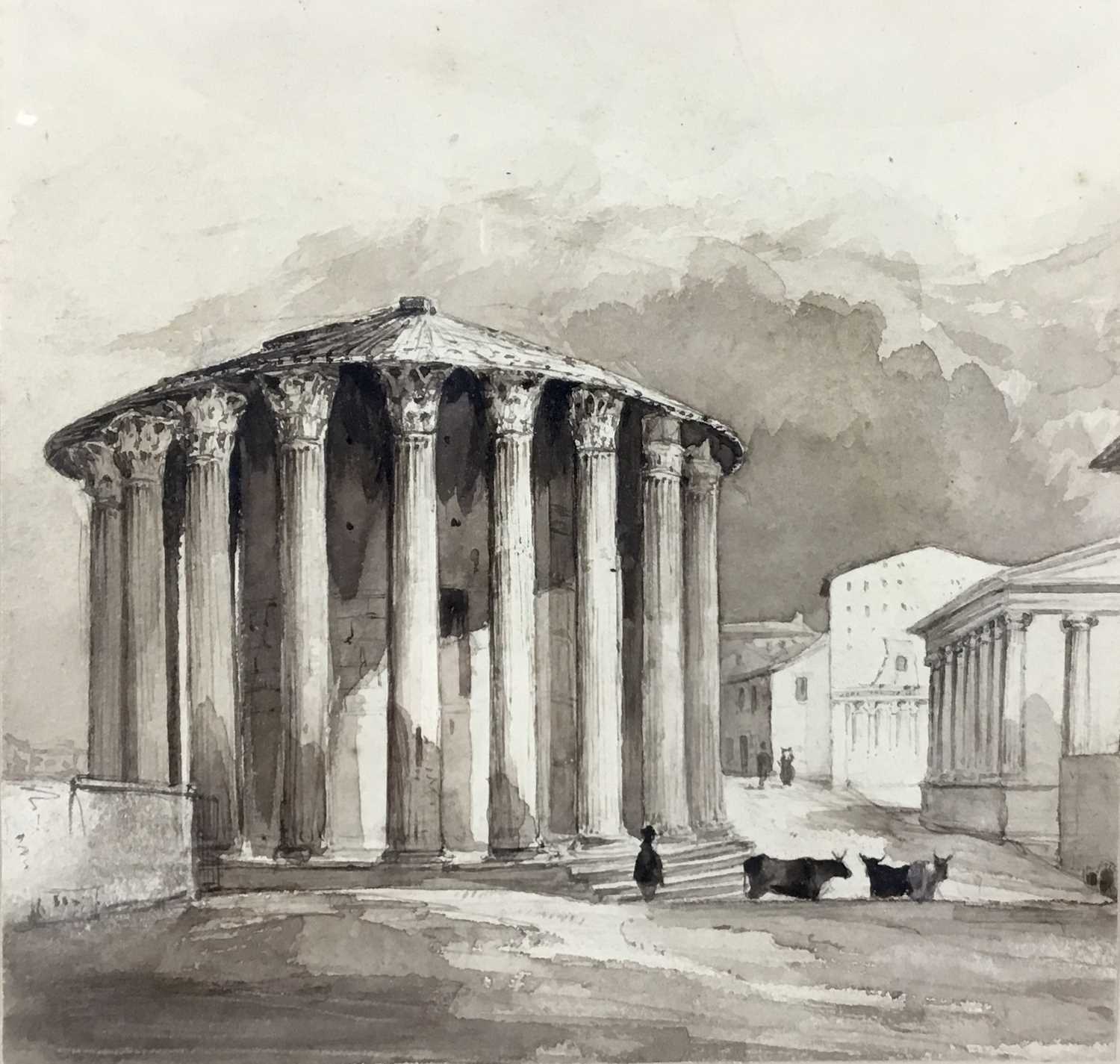 Lot 46 - English School, 19th century, monochrome watercolour - The Temple of Vesta, Rome, 20cm square, in glazed gilt frame, 34cm x 35cm overall