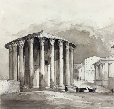 Lot 397 - English School, 19th century, monochrome watercolour - The Temple of Vesta, Rome, 20cm square, in glazed gilt frame, 34cm x 35cm overall