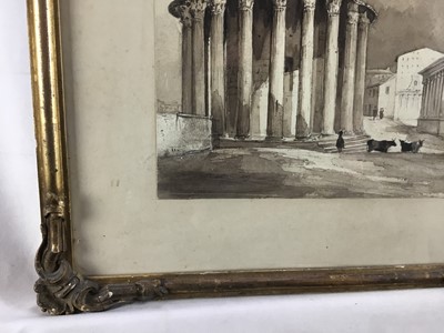 Lot 46 - English School, 19th century, monochrome watercolour - The Temple of Vesta, Rome, 20cm square, in glazed gilt frame, 34cm x 35cm overall