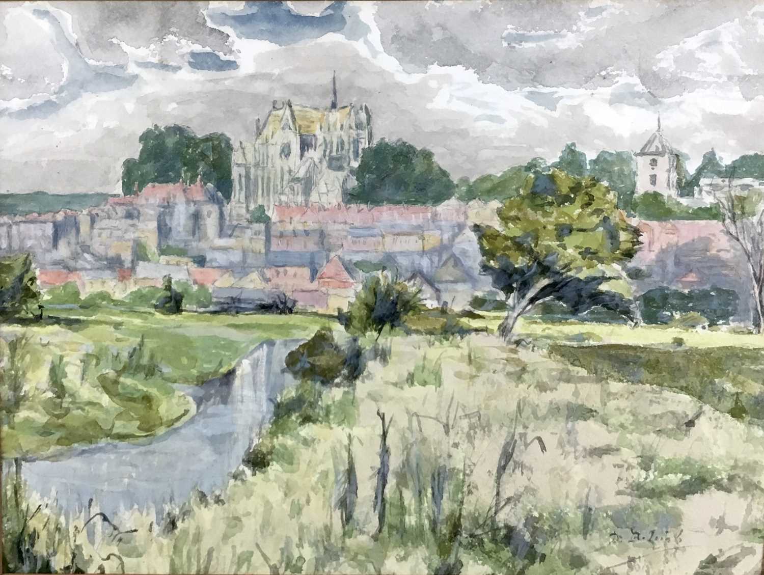 Lot 47 - Dora Boughton-Leigh (act. 1903-1940) watercolour and bodycolour - Arundel from the Meadows, signed, 25cm x 33cm, in glazed gilt frame, labels verso 
Exhibited: Royal Academy Exhibition 1942