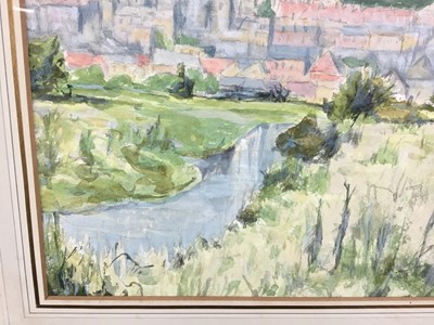 Lot 47 - Dora Boughton-Leigh (act. 1903-1940) watercolour and bodycolour - Arundel from the Meadows, signed, 25cm x 33cm, in glazed gilt frame, labels verso 
Exhibited: Royal Academy Exhibition 1942