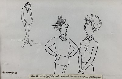 Lot 197 - Annie Tempest (b.1959) pen and ink cartoon - "But Ma, he's frightfully well connected. He knows the Duke of Ellington", signed and dated '86, 15cm x 23cm, in glazed frame