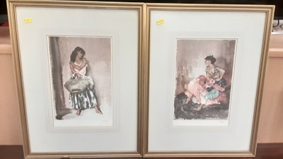 Lot 378 - Pair of William Russell Flint limited edition prints - Spanish ladies no. 510/850, together with two others - semi clad ladies, no. 146/850 and 481/850 in gilt frames