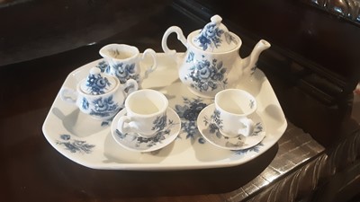 Lot 222 - Royal Standard teaset with floral decoration, two miniature teasets each on a tray, Wedgwood Kutani Crane vase, six Sherry glasses, glass dolphin ornament, trinket boxes and other items