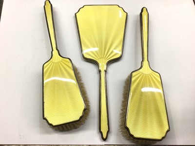 Lot 871 - Silver and yellow guilloche enamel brush and mirror set (3)