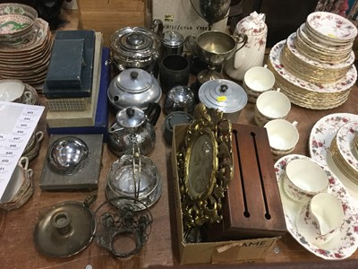 Lot 434 - Two silver plated trophies, group of metalware and other items including a wooden desk top letter box.