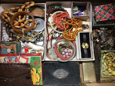 Lot 875 - Group of vintage costume jewellery, Stratton compacts, silver backed brush, plated jug and sugar bowl